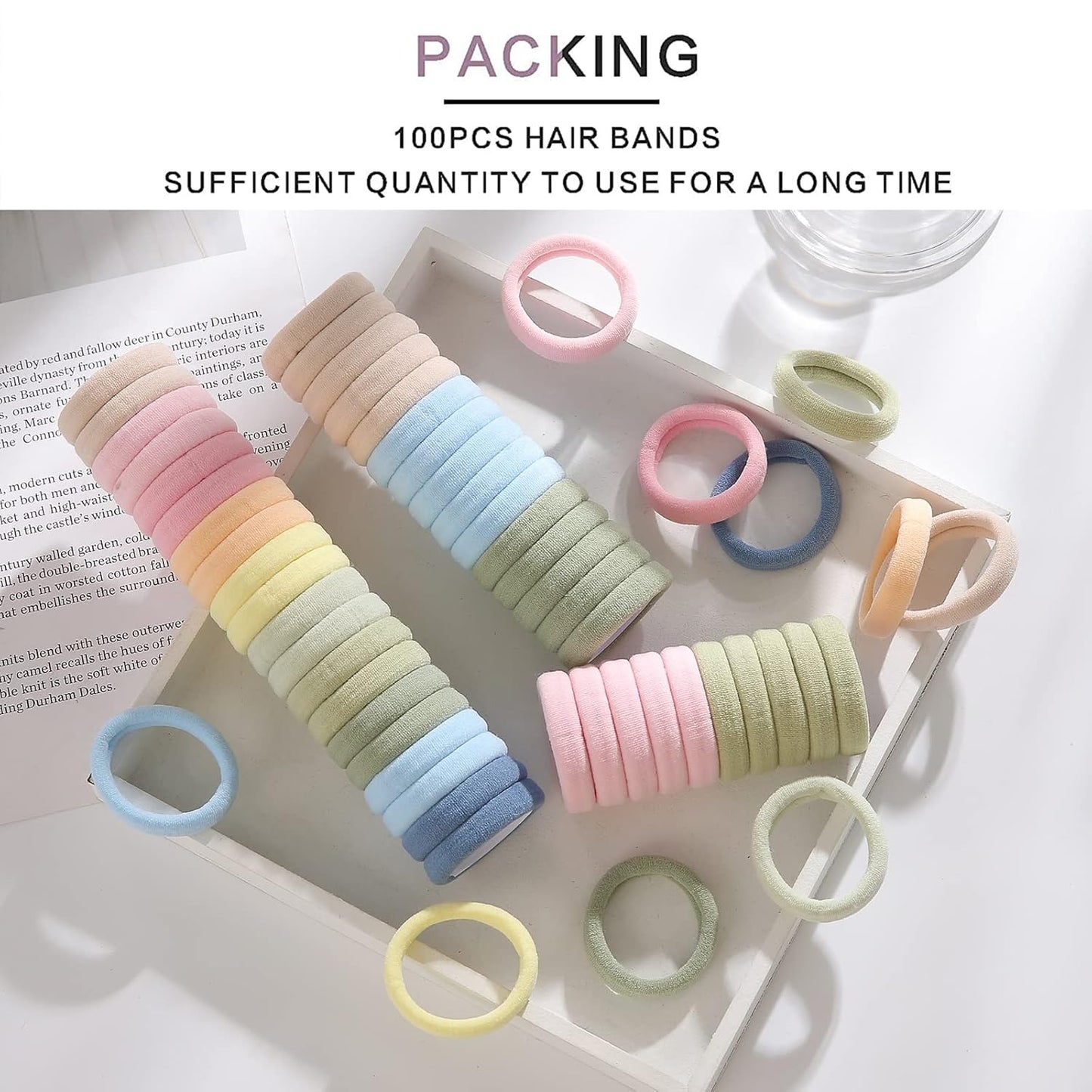100PCS Black Hair Ties for Women, No Crease No Damage, Seamless Cotton Bands for Thick Thin Hair, Soft Ponytail Holders, Accessories for Girls