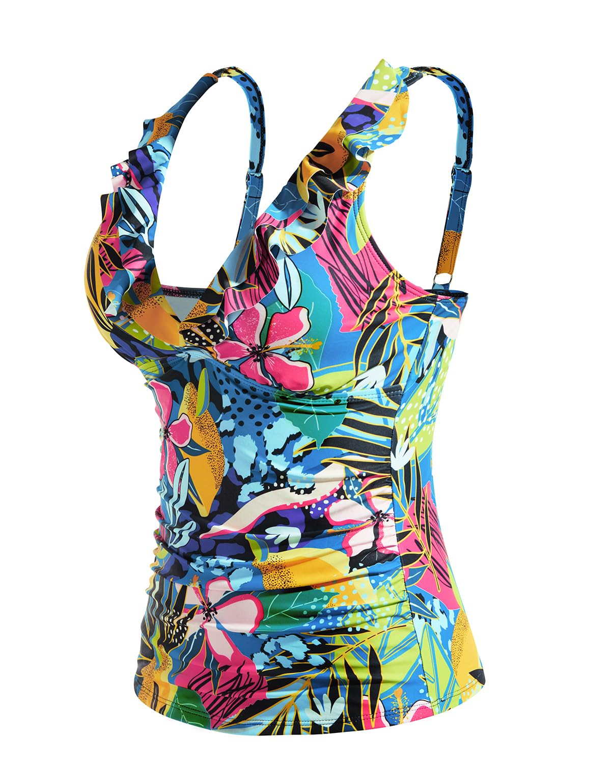 Yonique Women's Tankini Top Only Tummy Control Bathing Suit Top Ruffle Swimsuit Top V Neck Swim Tank Top No Bottom Colourful Flowers XXL