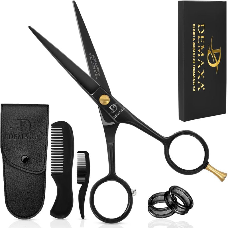 DEMAXA 5" Professional Beard Scissors for men Mustache Scissors with 1 Mustache Comb, 1 Beard Comb & Soft Pouch – Prefect Beard shears mustache kit for All Facial Hair – moustache Grooming kit for Men