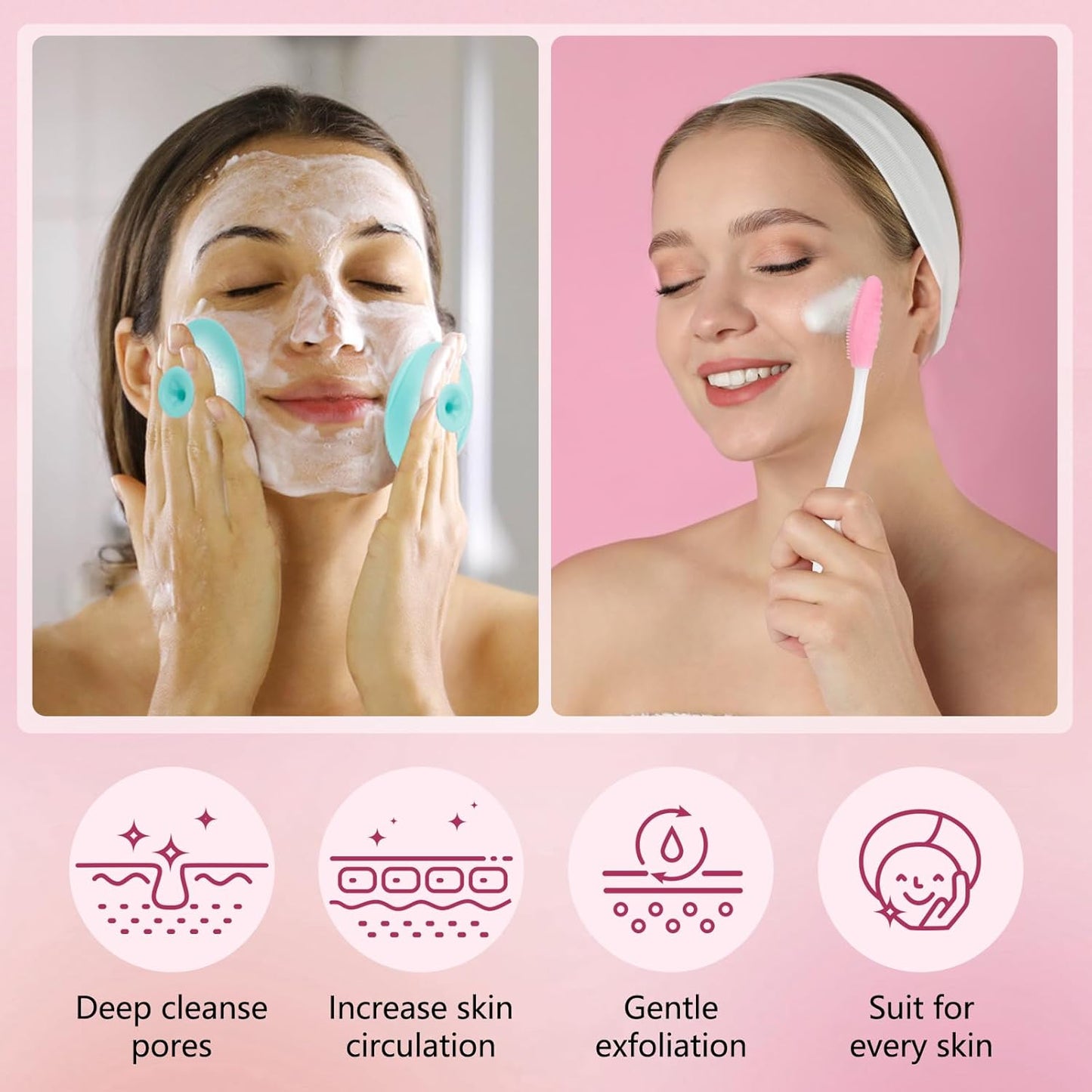 Silicone Face Scrubber, 2pcs Exfoliating Lip Brush, 2pcs Face Cleansing Brush & Silicone Facial Mask Brush Exfoliator Blackhead Skin Care Tool