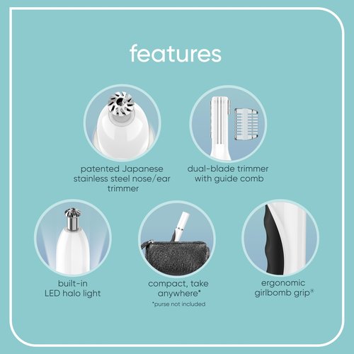 Conair GIRLBOMB Nose Hair Trimmer for Women, Battery-Operated Face Hair Removal for Women, Diamond-Shaped 360° Beveled Blade, LED Light, Packaging May Vary, White