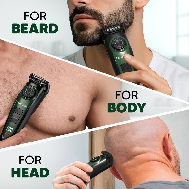 LetsShave Head, Body & Beard Trimmer for Men | Mens Full Body Hair Trimmer | Cordless | Stainless Steel Blade | Length Settings | Fast Charging Trimmer Men Black