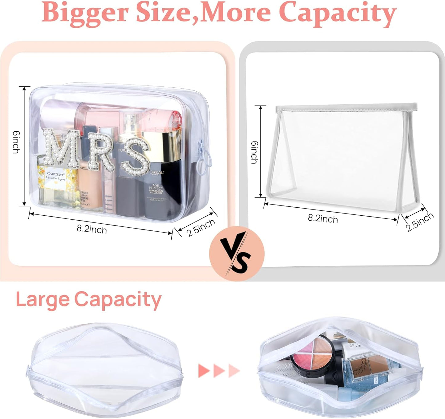 Etercycle Bride Clear Makeup Bag, Bridal Shower Gifts Engagement Cosmetic Bag, Bling Pearl Rhinestone Letter Patches Waterproof PVC Travel Organizer for Women Wedding Bachelorette Party (Gold)