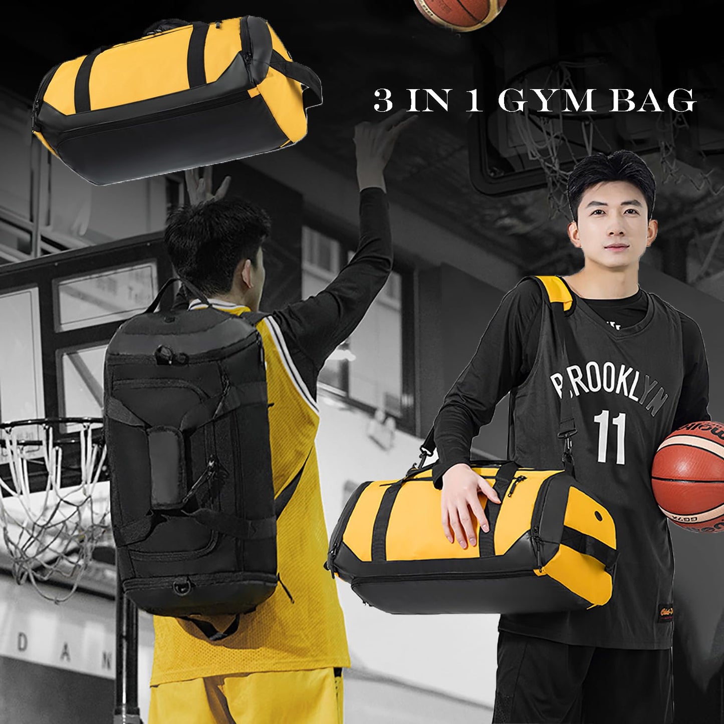 W WINTMING Gym Duffle Bags Gym Bag for Men Travel Duffle Bag With Shoe Compartment Wet Pocket Sports Duffle Bag Weekender Overnight Backpack (Black)