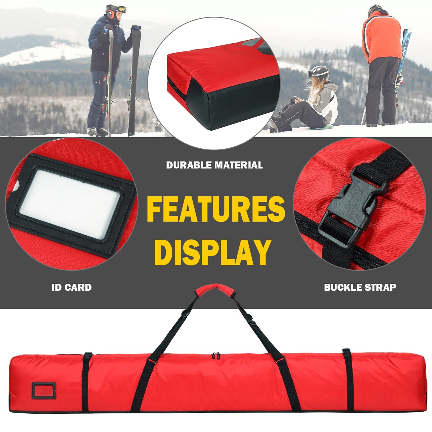 Padded Ski Bag for Air Travel, Single Snow Ski Gear Bags, Skiing Snowboard Bag to Transport Skis with Pocket, Adjustable Handle, 185cm Red