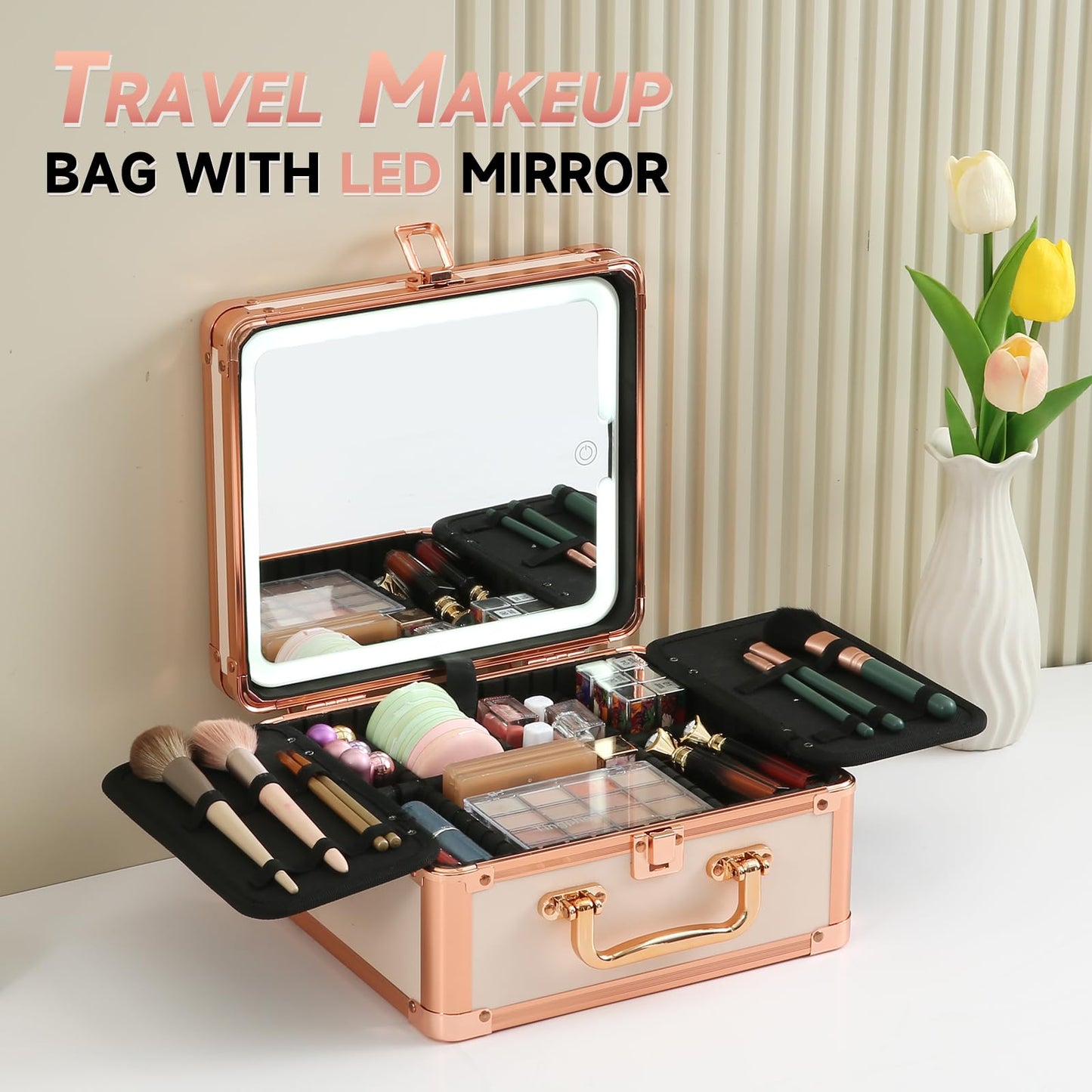 Leeora&Leekoo Makeup Box with Lighted Mirror,Portable Makeup Train Case Organizer (Off white)
