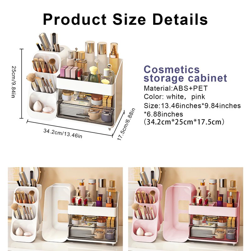 DASITON Makeup Organizer with Brush Holder for Vanity, Bathroom Countertop Organizer with 2 Drawers, Large skincare storage organizers for perfume, lipstick, Nail Polishes and Beauty Essential (White)
