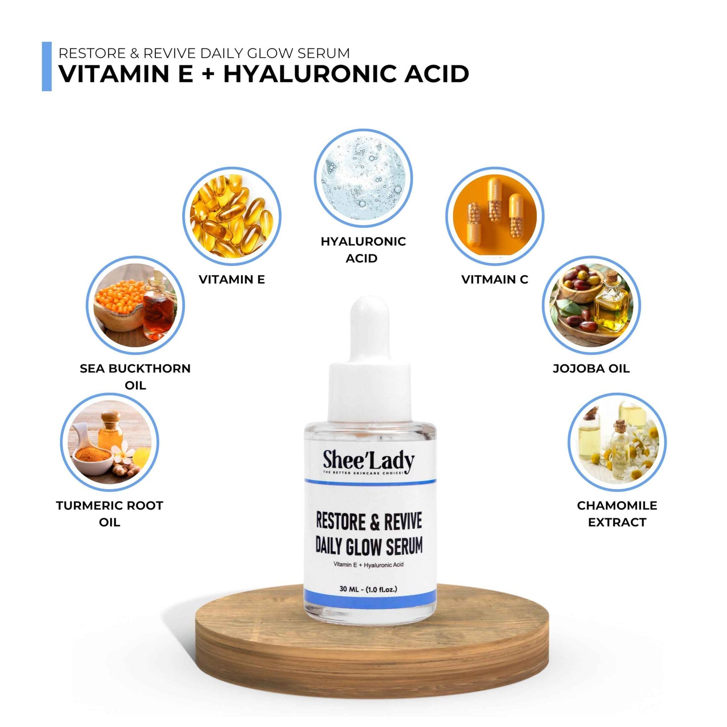 Shee'lady Restore & Revive Daily Glow Serum Daily Anti-Aging Wrinkle and Skin Tone Skin Care Treatment, Brightening Serum, Stocking Stuffers for Men & Women, 30 ML, 1 oz