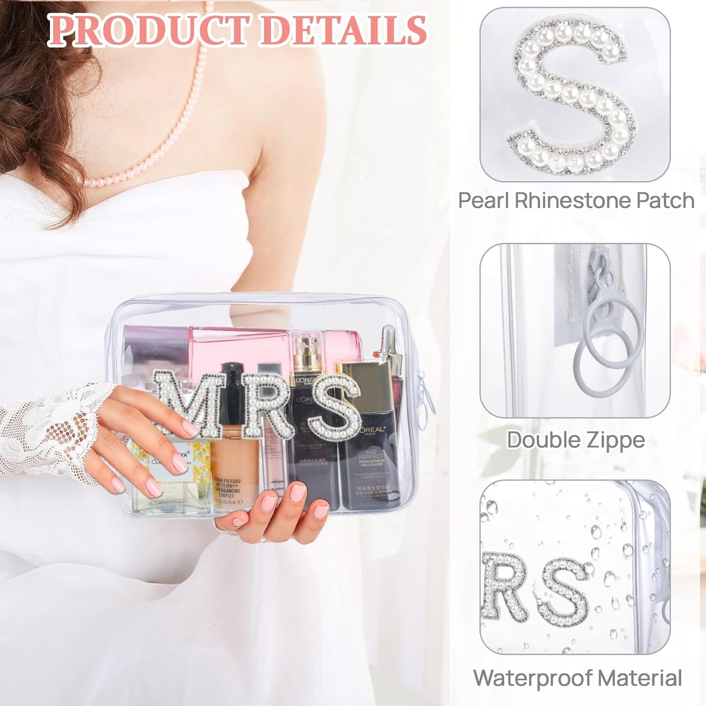 Etercycle Bride Clear Makeup Bag, Bridal Shower Gifts Engagement Cosmetic Bag, Bling Pearl Rhinestone Letter Patches Waterproof PVC Travel Organizer for Women Wedding Bachelorette Party (Gold)