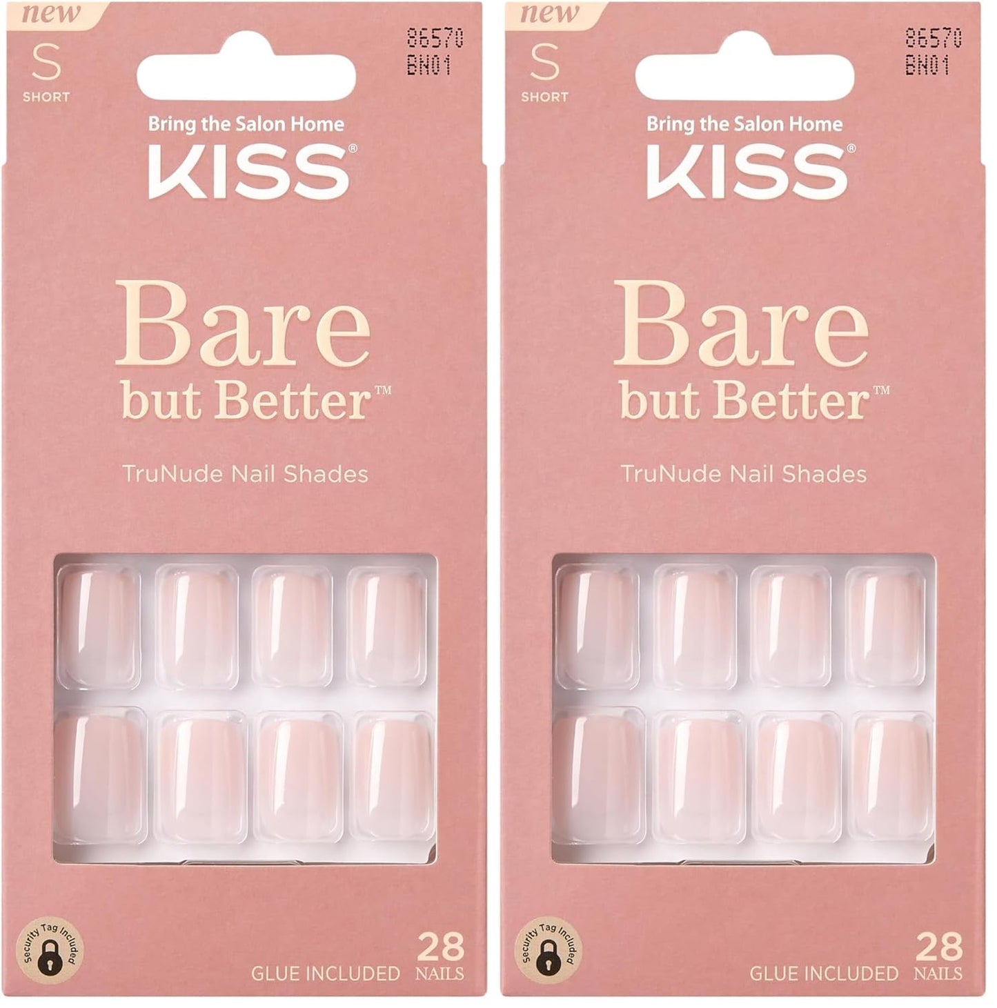KISS Bare but Better Press On Nails, Glossy Pink, Short Length, Square Shape, 28 Fake Nails, Pink Gel Nail Glue Net Wt. 2g (0.07 Oz.), Mini Nail File, & Manicure Stick