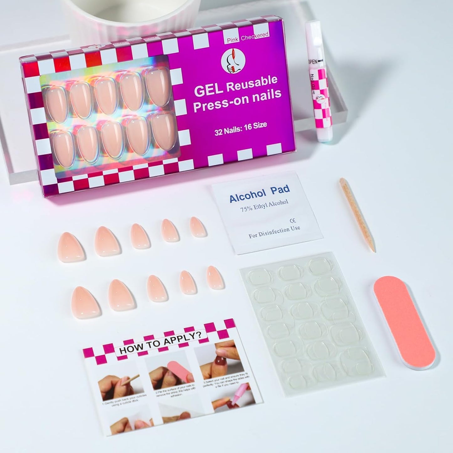 French Almond Gel Press On Nails Short 16 Sizes Fake Nails Glossy 32pcs, Nail Glue Included