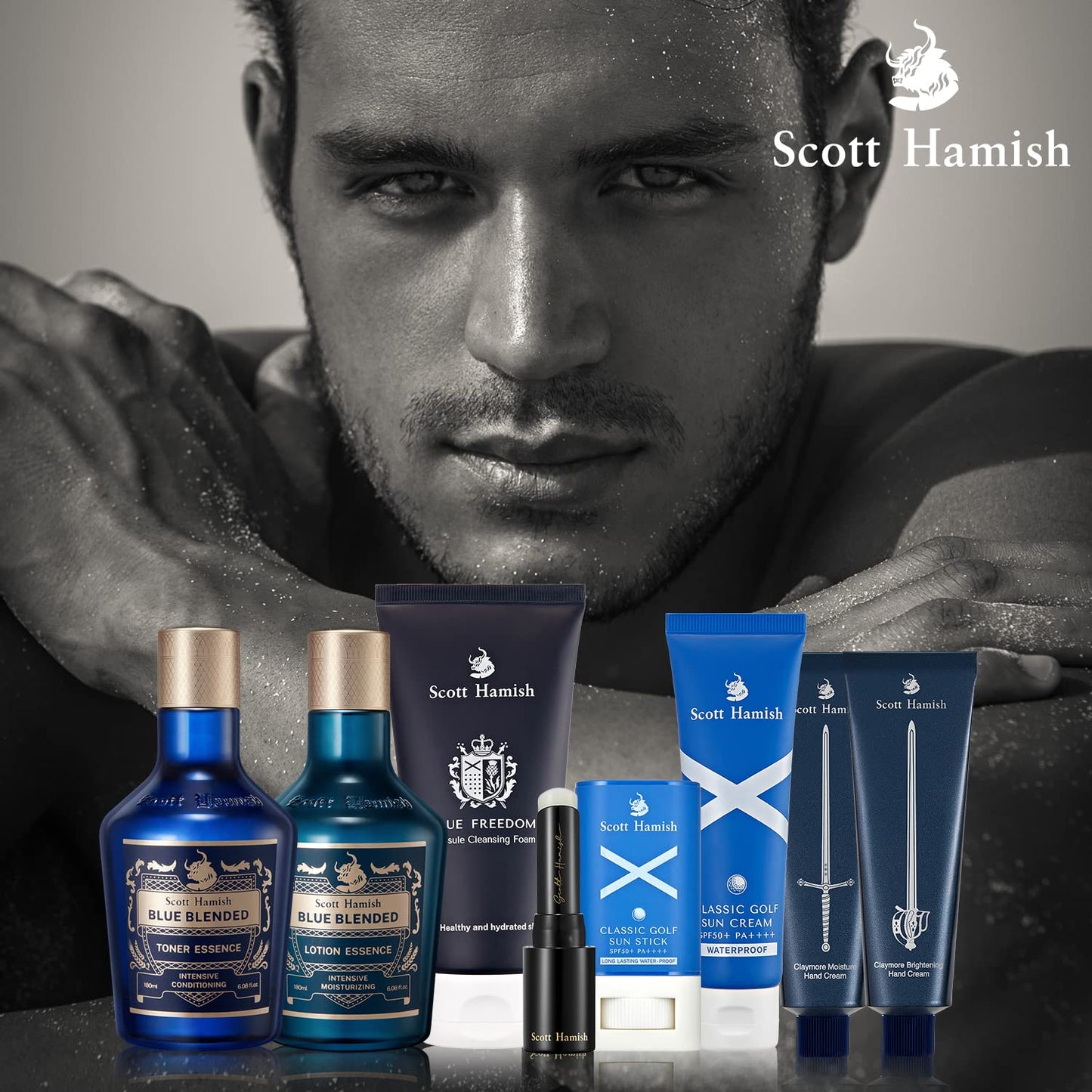 Scott Hamish Blue Blended Lotion Essence – Men Anti Aging Face Moisturizer with Hyaluronic Acid & Amino Acid – Anti Wrinkle Face Emulsion to Restore Vitality & Firmness, 6.09 fl.oz.