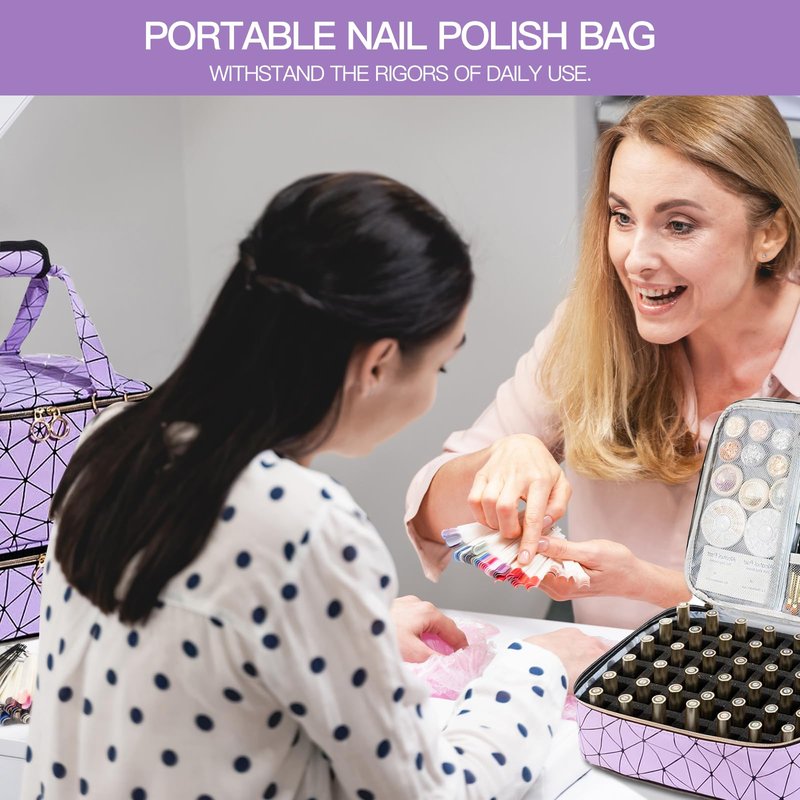 WflamaS 3-Layer Nail Polish Organizer Bag, Holds 84 Bottles and Lamp, Waterproof PU Leather Case with Reinforced Golden Zippers, Portable Nail Tech Travel Bag for Manicure Supplies