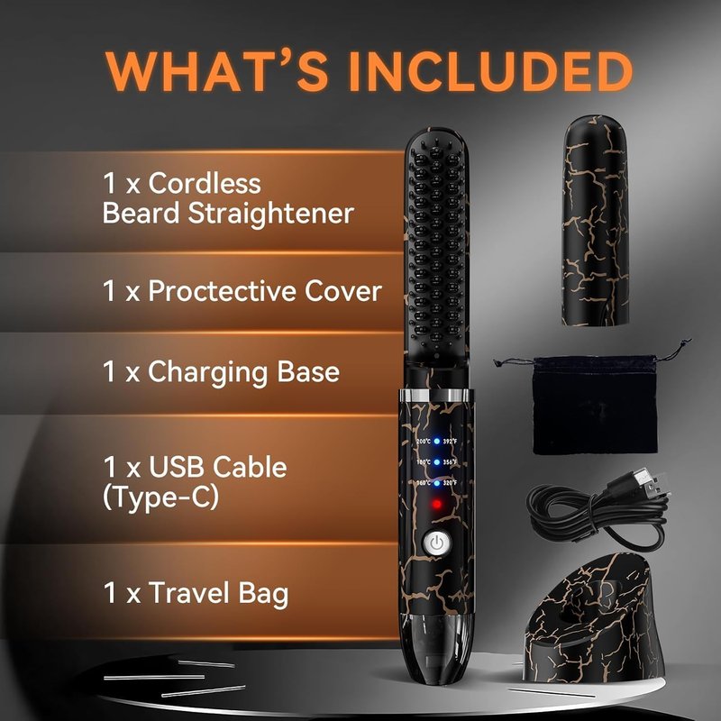 Beard Straightener for Men, Cordless Heated Beard Brush, Portable Beard Hot Combs, Ionic Mini Hair Straightener with 3 Temp Settings, Coarse Curly Hair Brush, Grooming Kit for Men
