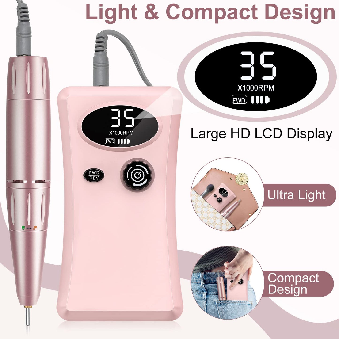 Electric Nail Drill, Urbuti 35000RPM Professional Nail Drill Machine, Portable Rechargeable File Machine Set for Acrylic Gel Nails, Manicure Pedicure Tools for Home and Salon Use(Pink)