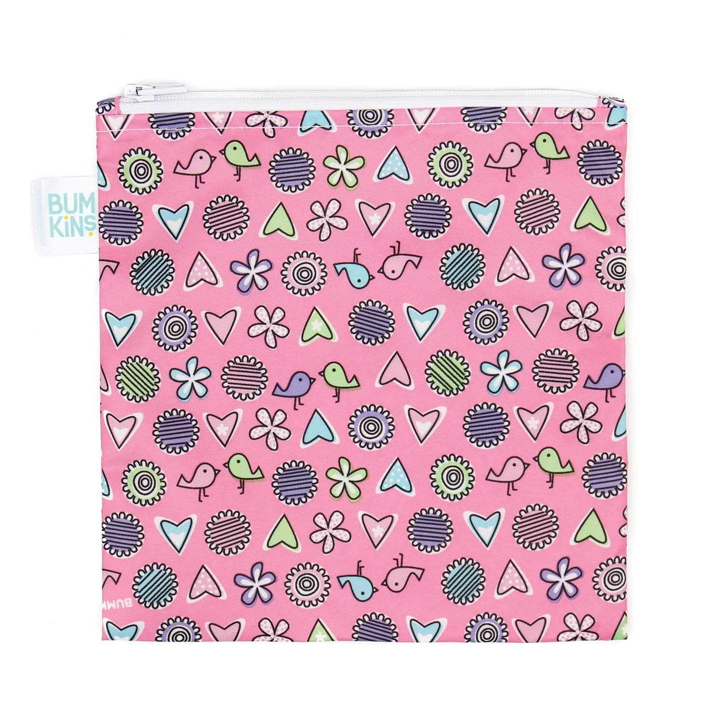 Bumkins Reusable Sandwich and Snack Bags, for Kids School Lunch and for Adults Portion, Washable Fabric, Waterproof Cloth Zip Bag, Travel Pouch, Food-Safe Storage, Large, Love Birds Pink