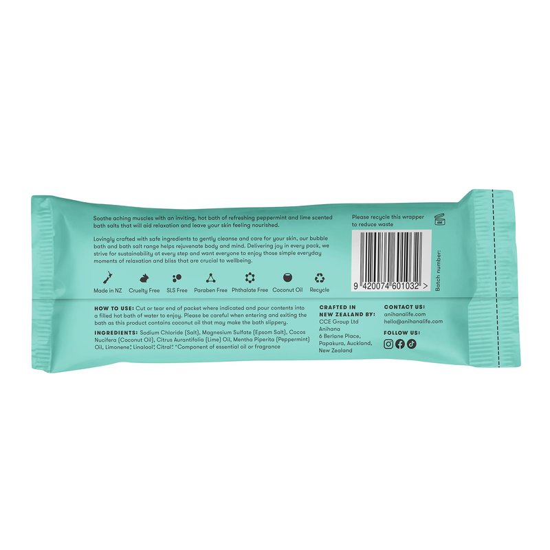 ANIHANA Relaxing Bath Salts, Muscle Soaking Aid with Coconut Oil, Helps Ease Aches and Pains, Relaxing Peppermint & Lime Scent, 15pk