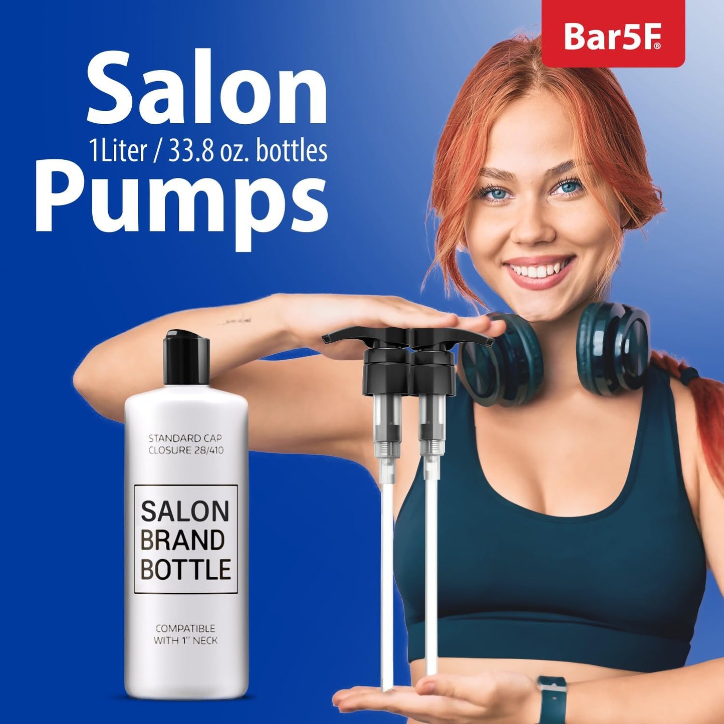 Bar5F 1-Liter Pumps for Shampoo and Conditioner Bottles for 33.8-Ounce Professional Salon Brands (White & Black)