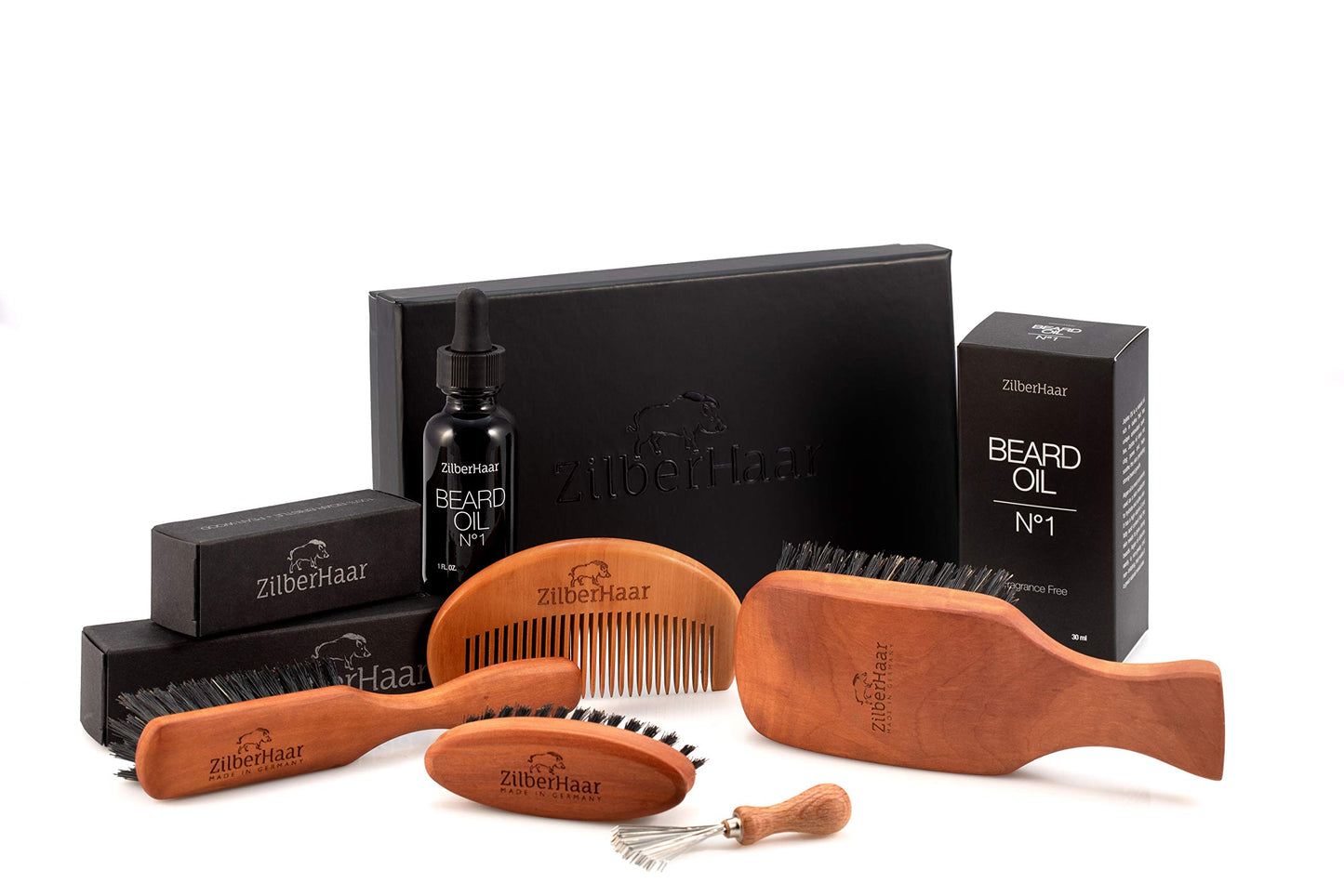 Zilberhaar Beard Brush Grooming Kit (Soft Version) 2nd Cut Boar Bristles - Ideal for Stubbles and Short To Medium Beards - Distributes Balm and Oil for Growth/Styling - Comes with Brush Cleaning Tool