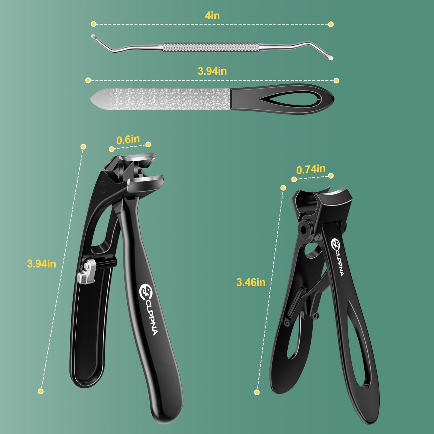 Nail Clippers for Seniors, CLPPNA Wide Jaw Fingernail Clippers and Angled Head Toenail Clippers for Thick Nail, 4 Pack Professional Nail Clippers for Men, Women&Pregnant, Black