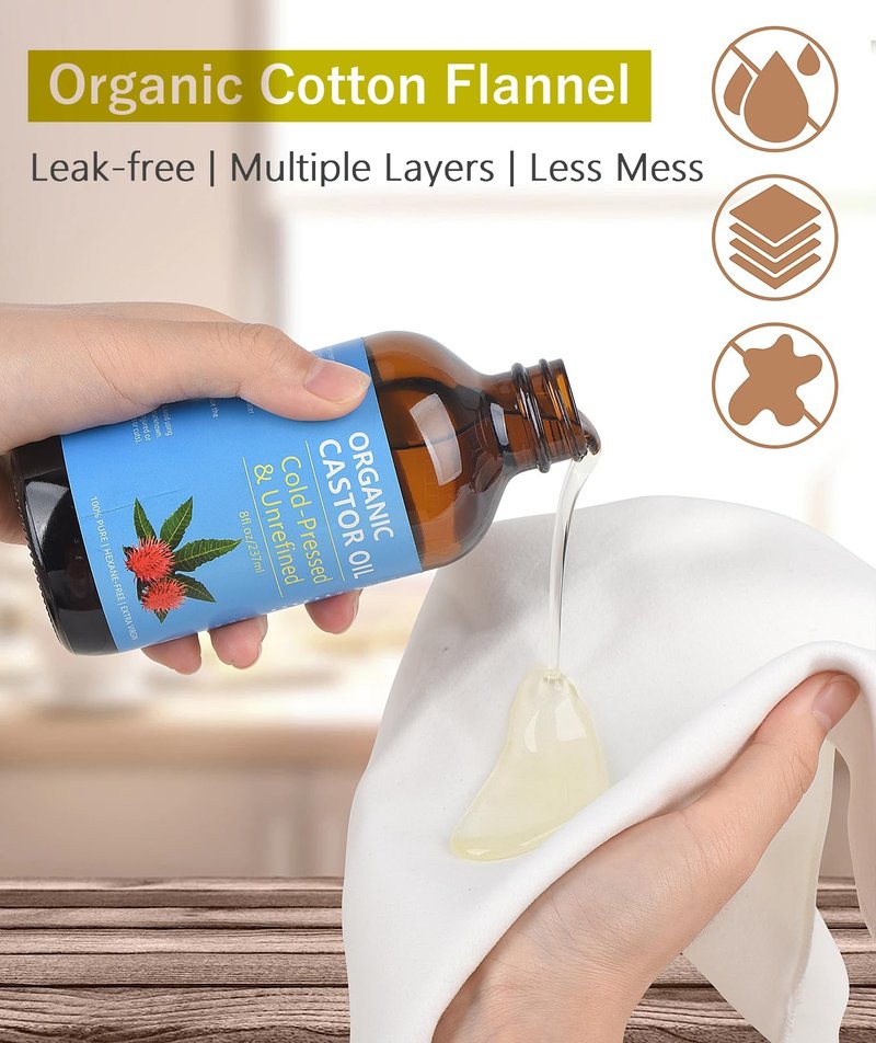 VRJEUGO Castor Oil Organic Cold Pressed Unrefined, Amber Glass Bottle with Castor Oil Pack Wrap and Cotton Flannel Cloth for Body, 8oz/237ml