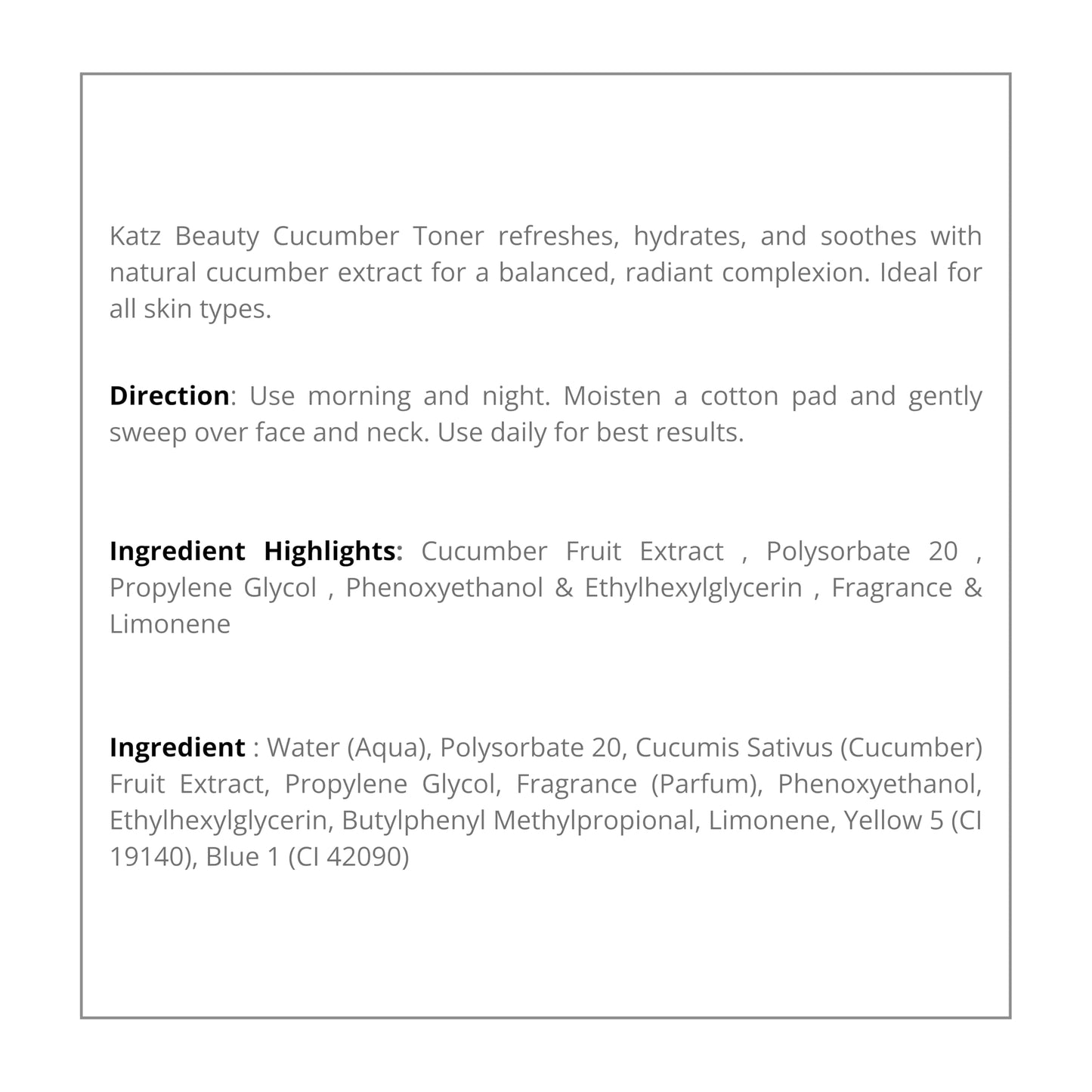 Katz Beauty Cucumber Toner with Natural Cucumber Fruit Extract, 140 ml (5 oz) - Hydrating, Soothing Facial Mist for All Skin Types