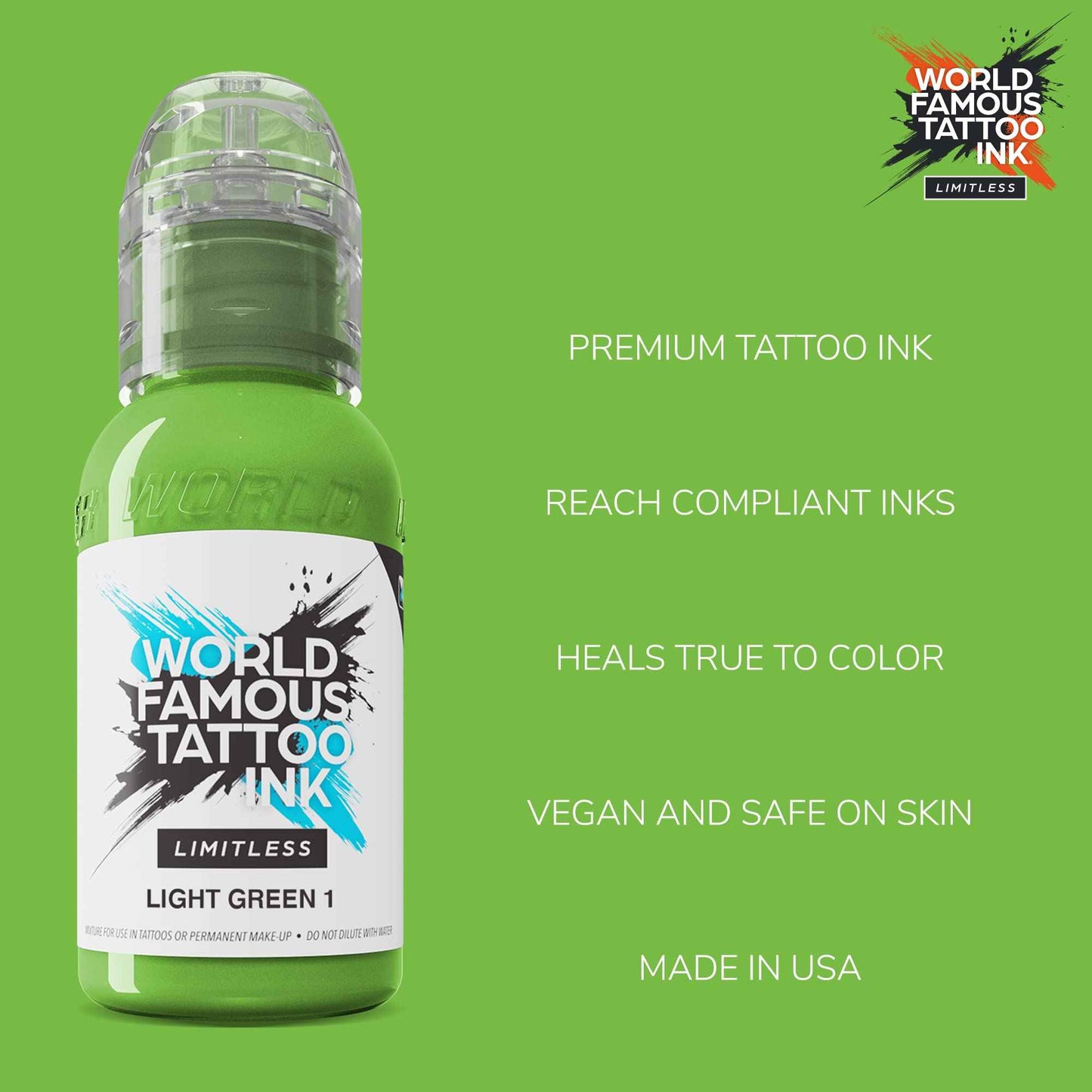 World Famous Tattoo Ink Limitless - Light Green 1 - Professional Tattoo Ink & Tattoo Supplies - Skin-Safe Permanent Tattooing in Bold Shades - Vegan & Non-Toxic (1 oz)