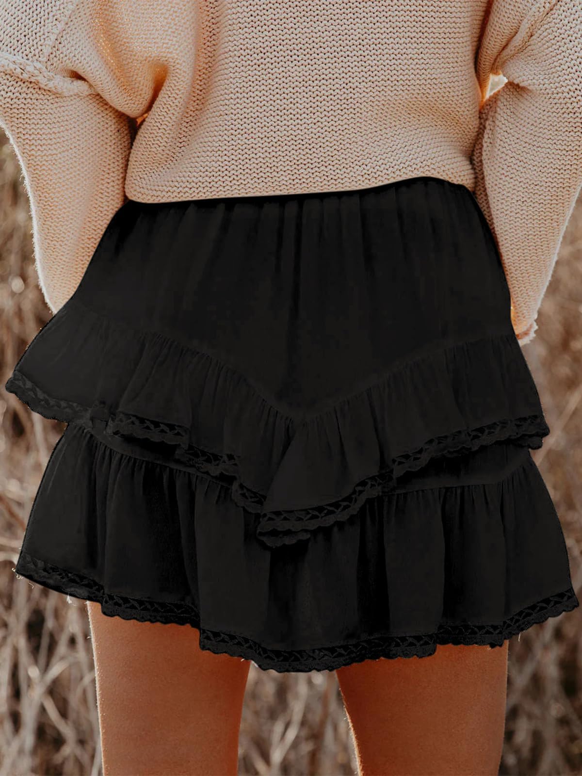 Aoudery Flowy Shorts for Women Casual Boho Ruffle Tiered Skorts High Waist Mini Skirts Golf Tennis Butterfly Crochet Shorts - Black L