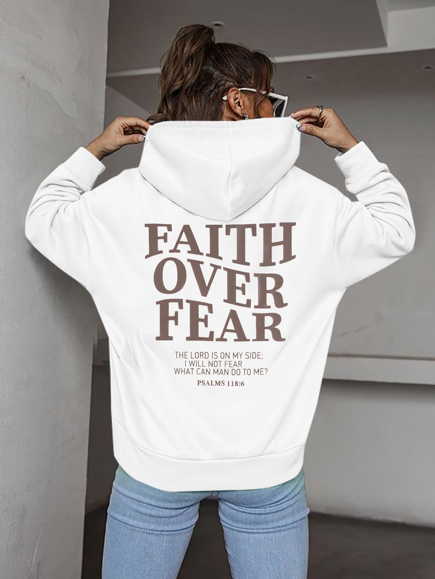 BANGELY Faith Over Fear Hoodie Women Christian Sweatshirt Graphic Christian Religious Sayings Sweater Bible Pullover Tops White