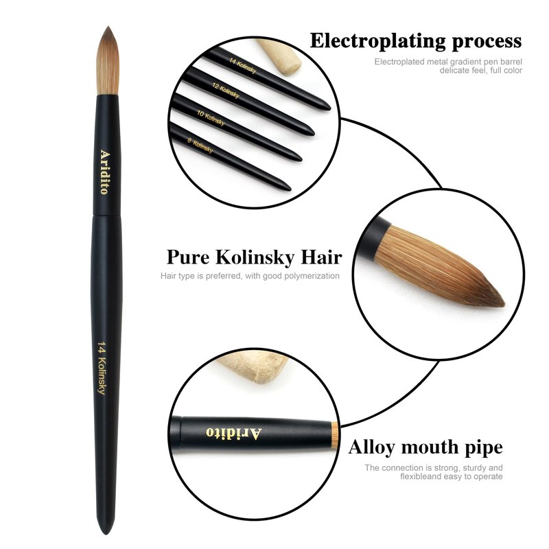 Aridito Kolinsky Round Head Acrylic Nail Art Brush Set, Black Wooden Handle Size 8 10 12 14 16 18, for Professional Manicure DIY Home Salon (16# Kolinsky)
