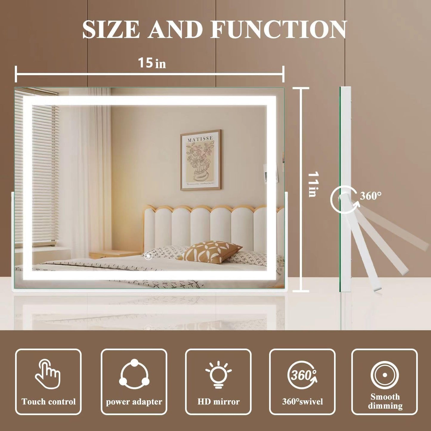 Gvnkvn Vanity Mirror with Lights, 15"× 11" LED Makeup Mirror, Lighted Makeup Mirror with Lights, Smart Touch Control Dimmable 3 Modes Light 360°Rotation White