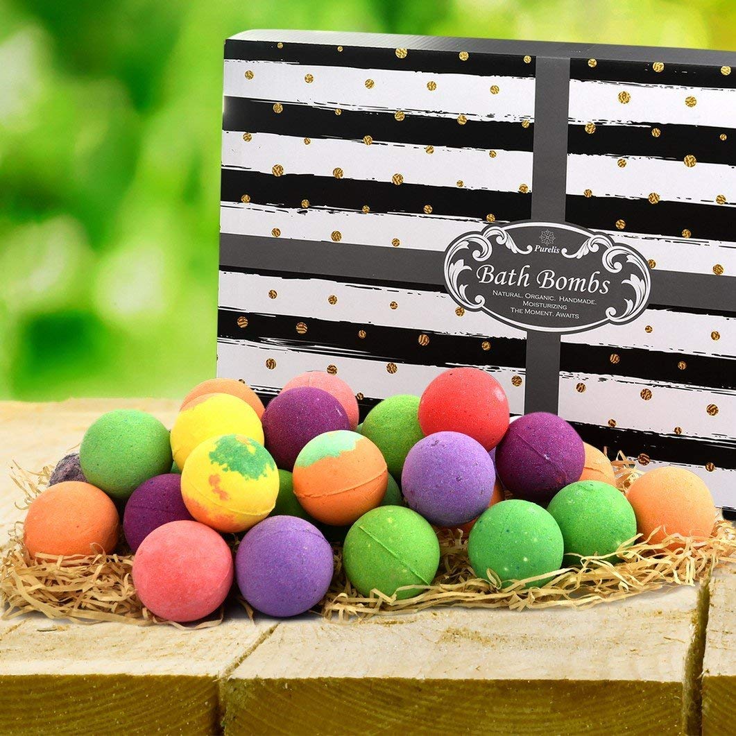 Bath Bombs Gift Set for Women and Men. 24 Luxury Bath Bombs Individually Wrapped Bulk Box. Moisturizing Organic Bath Bombs for Women, Men and Kids! Best Bath Bomb Set for Teens Too! Gifts for Him
