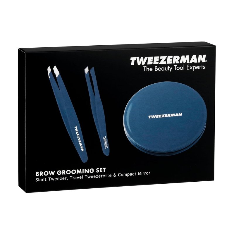 Tweezerman Brow Grooming Set | Slant Tweezer, Travel Tweezerette & Compact Mirror for Perfect Eyebrows