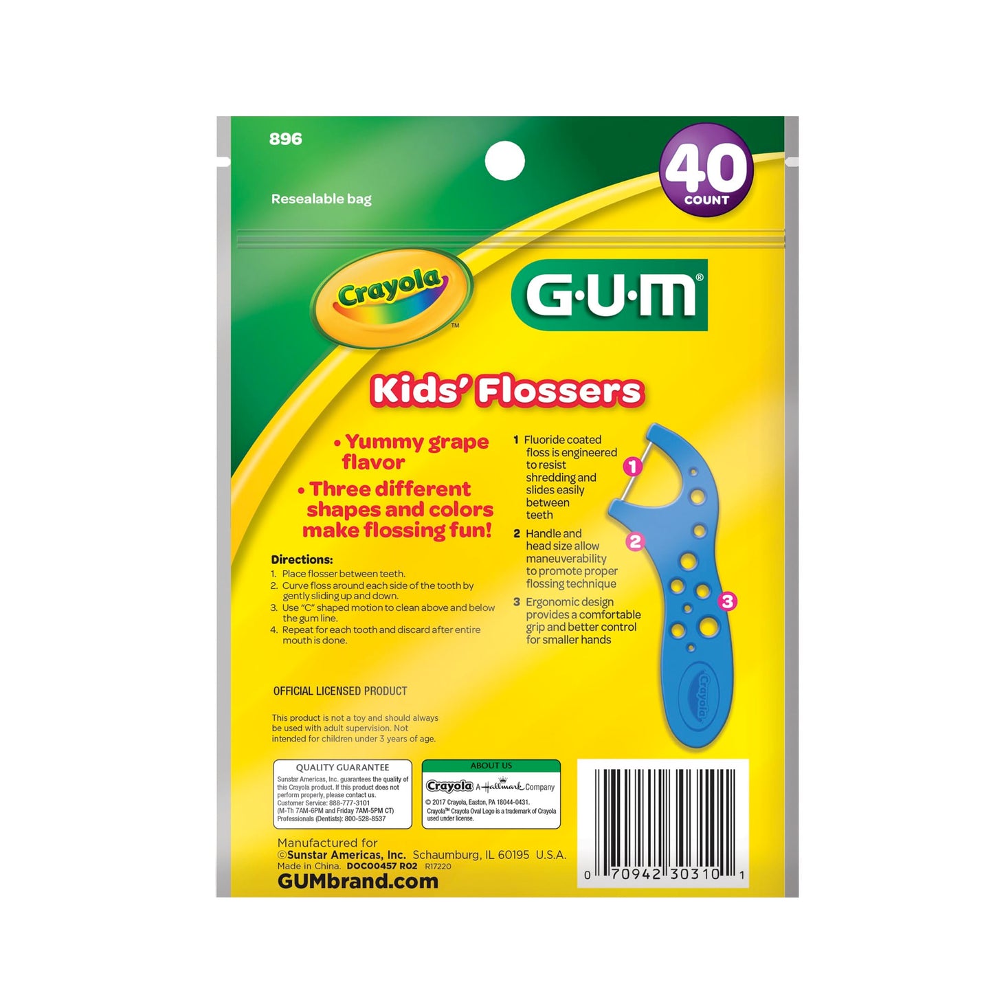GUM Crayola Kids Flossers with Fluoride - Designed for Little Hands - Fun Grape Flavor - Easy to Use Kids Floss Picks for Children Ages 3+, 40ct (6pk)