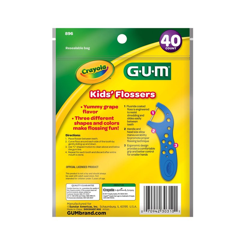 GUM Crayola Kids Flossers with Fluoride - Designed for Little Hands - Fun Grape Flavor - Easy to Use Kids Floss Picks for Children Ages 3+, 40ct (6pk)