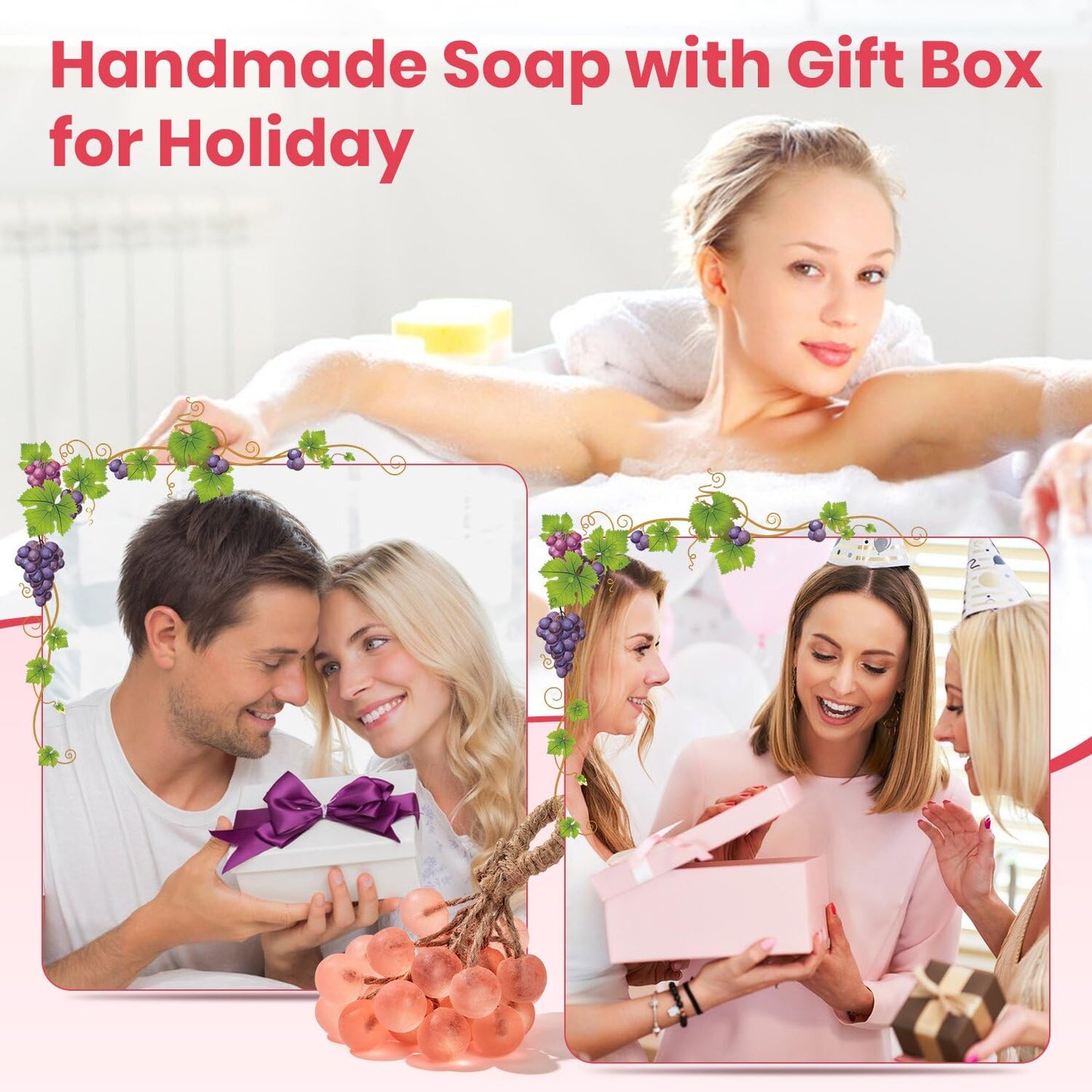 JHZHONG Grape Soap on a Rope, Handmade Grape Cluster Shape Soap Bar, Unique Decorative Bath Soap, Aromatic Hand Wash Gift for Home Decor, Men & Women (1, Pink)