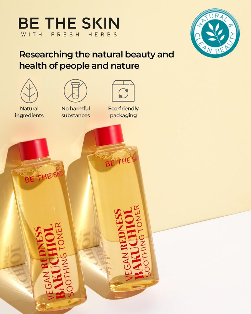 BE THE SKIN Vegan Redness Bakuchiol Soothing Toner - Ectoin + 7-Type Hyaluronic Acid, pH 5.5, Helps Calm Look of Redness & Support Skin Barrier, Alcohol-Free | Korean Face Toner 8.45 fl oz