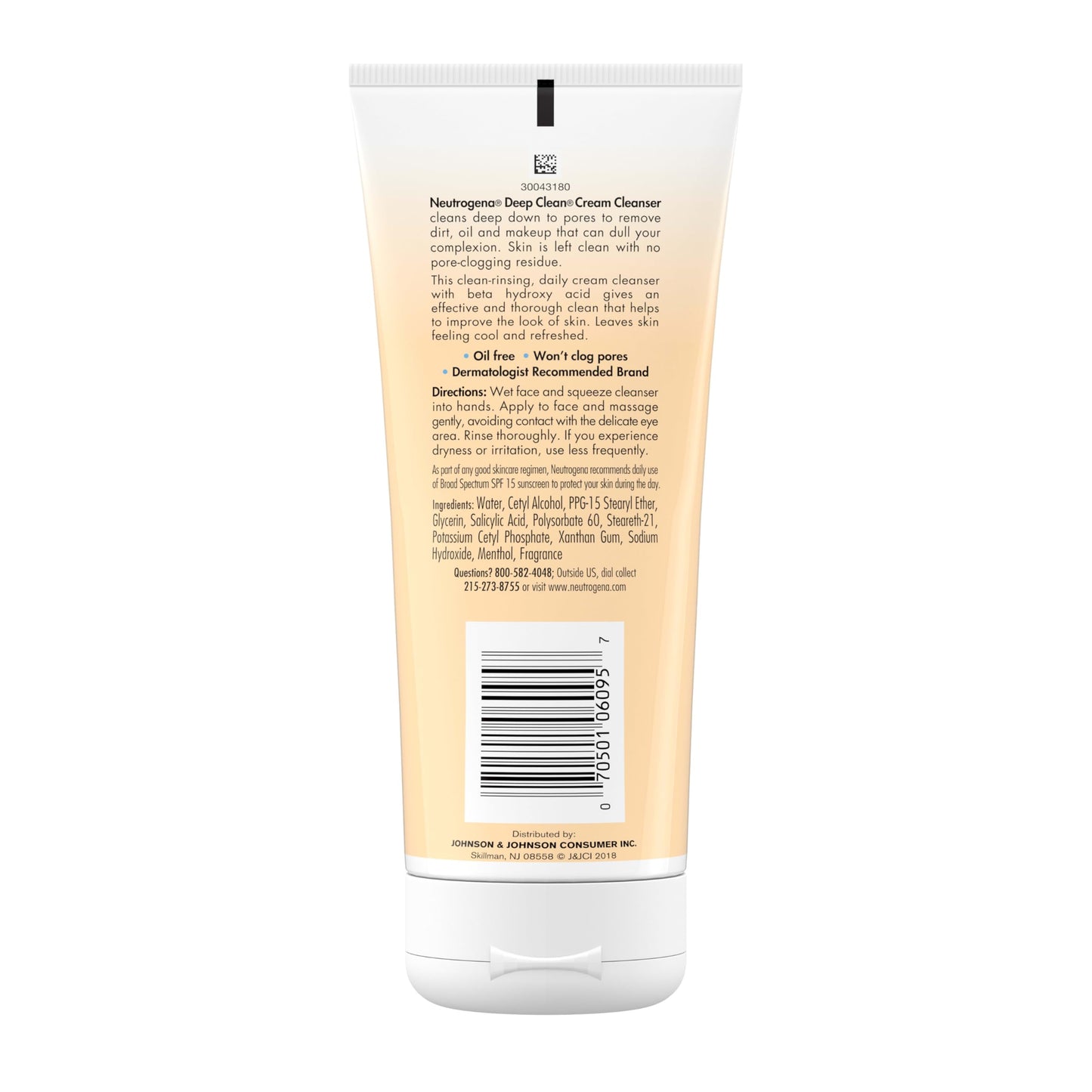 Neutrogena Deep Clean Daily Facial Cream Cleanser with Beta Hydroxy Acid to Remove Dirt, Oil & Makeup, Alcohol-Free, Oil-Free & Non-Comedogenic, 7 fl. oz