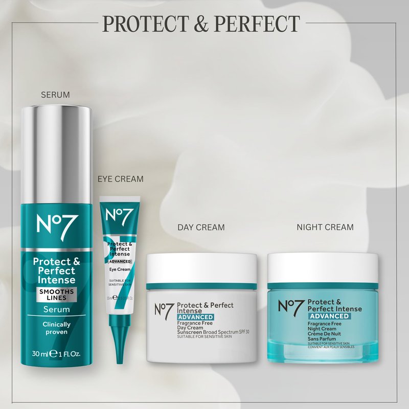 No7 Protect & Perfect Intense Advanced Night Cream Fragrance Free - Vitamin E & Shea Butter Face Cream - Fine Line Reducing Moisturizer with Collagen Peptide Technology (1.69 fl oz)