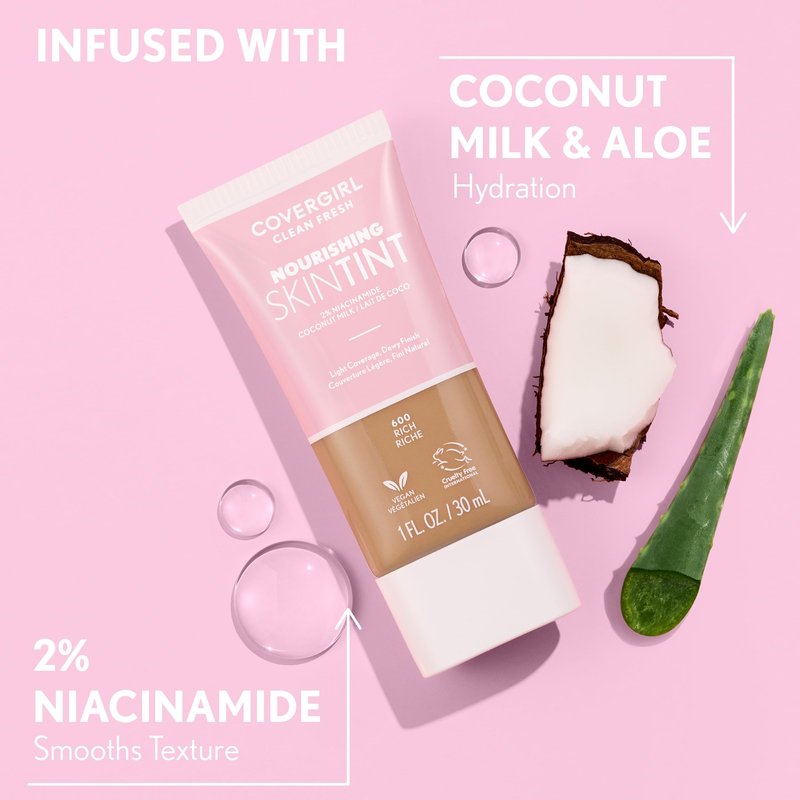 COVERGIRL Clean Fresh Nourishing Skin Tint, 550 Light/Medium, Liquid Foundation, Dewy Finish, Infused with Coconut & Aloe, Vegan Formula