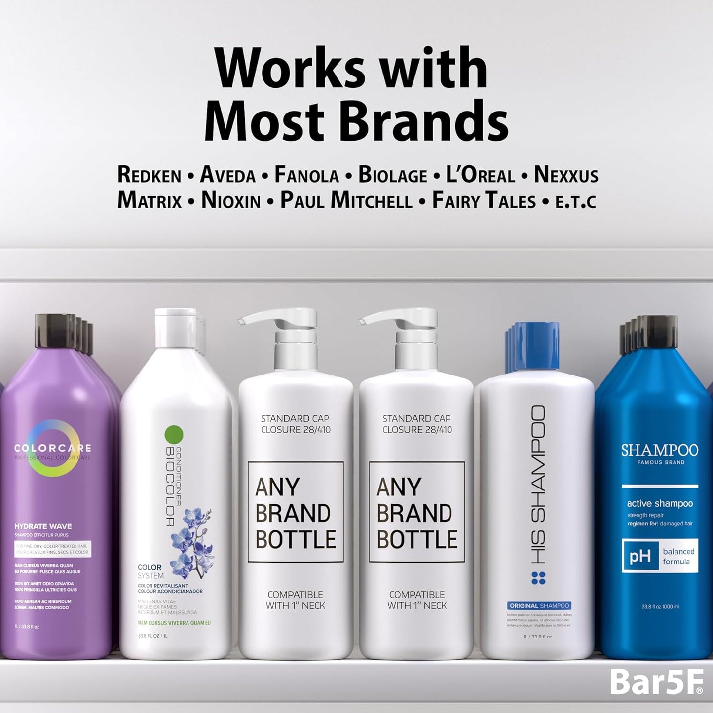 Bar5F Universal Pumps for Shampoo Conditioner Lotion Body Wash, Fits 1" Inch Bottle Necks, 1 Liter 33.8-Ounce Bottles (Black and White)