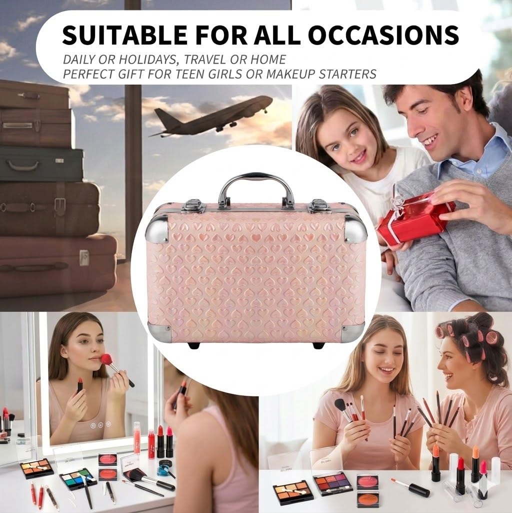 Hot Sugar All In One Makeup Set for Teenager Girls, Full Makeup Kit for Beginners Includes Eye Shadow Palette Blush Lip Gloss Lipstick Lip Pencil Eye Pencil Brush Mirror (Pink Heart)