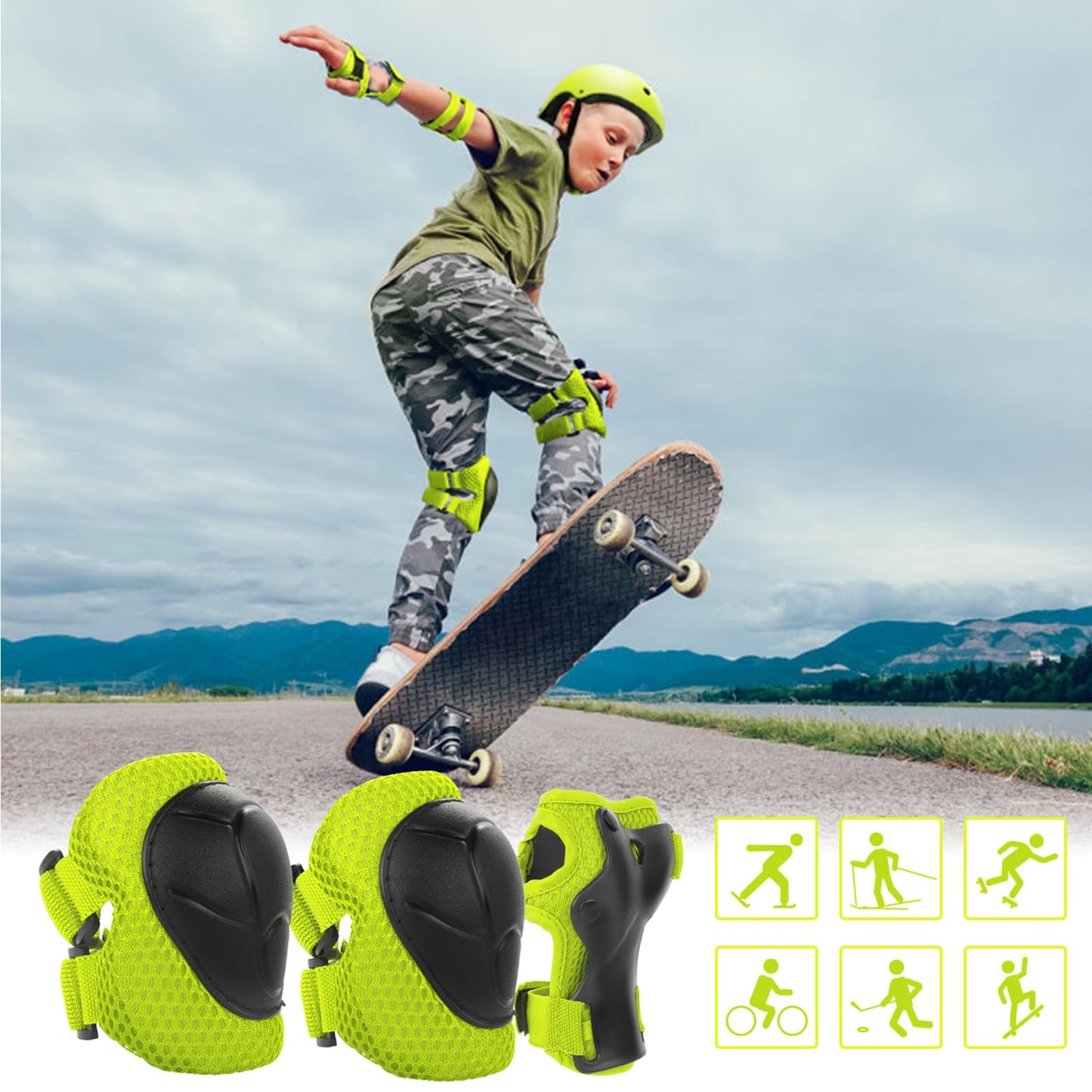WayEee Kids Bike Helmet Set Skateboard Knee Pads, 7PCS Protective Gear Adjustable for Girls Boys 3-10 Age Elbow Pads Wrist Guards for Outdoor Sports Cycling Bike Roller Skating Scooter, Youth, Green
