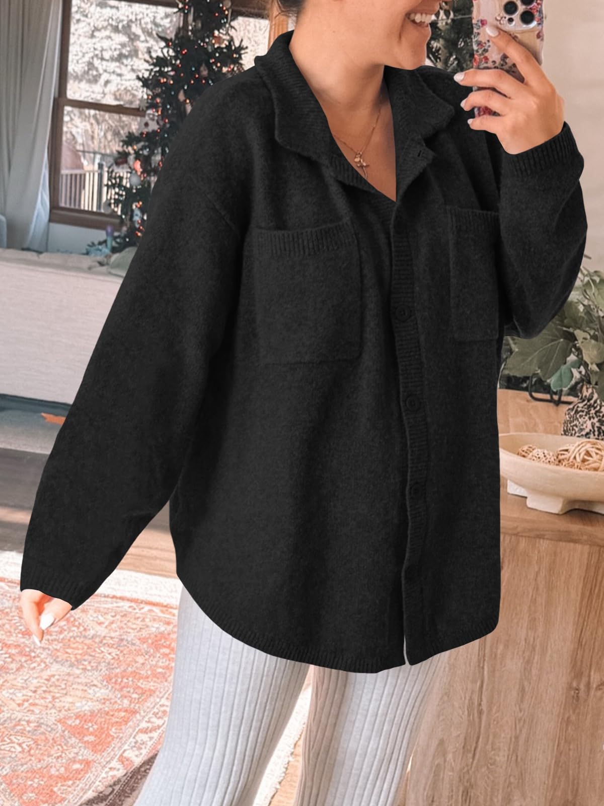 Saodimallsu Womens Collared Cardigans Button Down Fall Sweater Jackets Oversized Casual Long Sleeve Knit Shirts