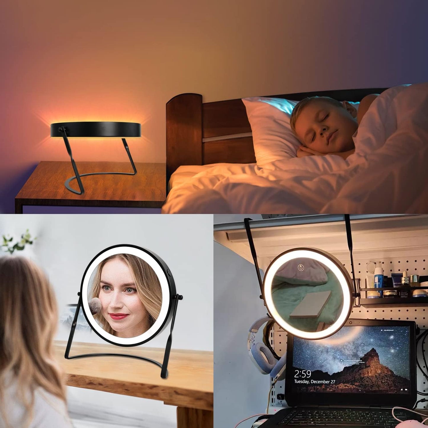 DOWRY 8.5'' Lighted Makeup Vanity Mirror - Rechargeable 1x/10x Magnification, Adjustable 3-Color Brightness, 360° Rotation