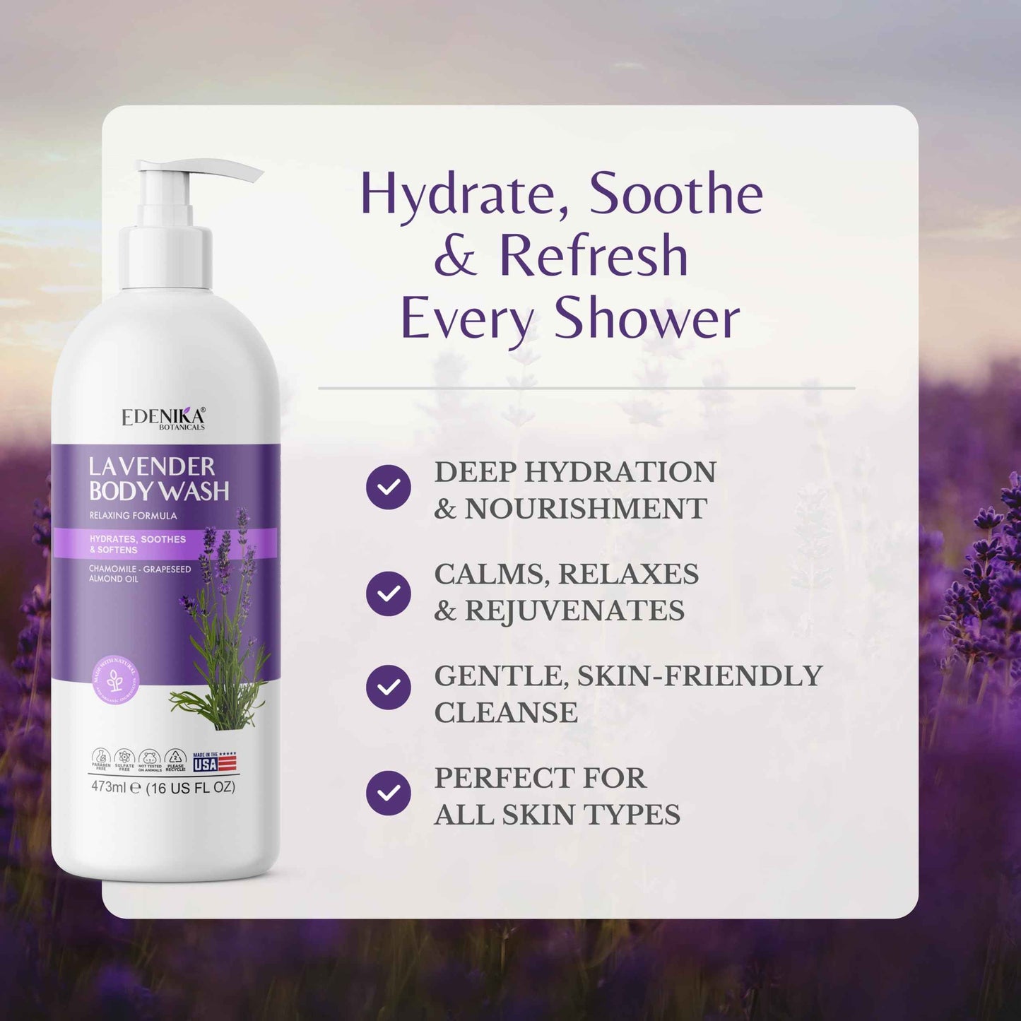 Edenika Lavender Body Wash with Vitamin E, Cleanses, Relaxes & Moisturizes, Stress Relief Shower Gel for Dry and Sensitive Skin, Women & Men, Organic & Natural, 16 fl oz, 2-Pack