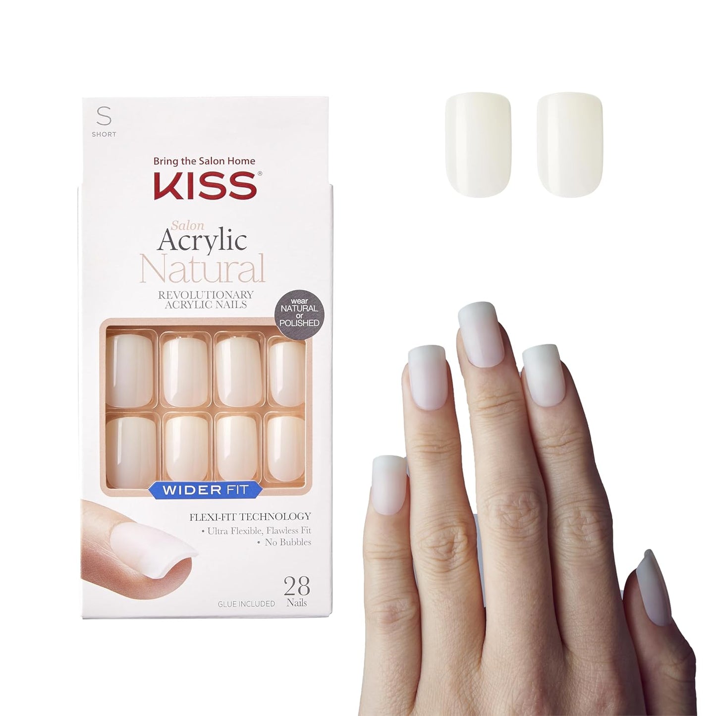 KISS Salon Acrylic Natural Press On Nails, Nail glue included, 'Rare', Nude, Short Size, Squoval Shape, Includes 28 Nails, 2g Glue, 1 Manicure Stick, 1 Mini File
