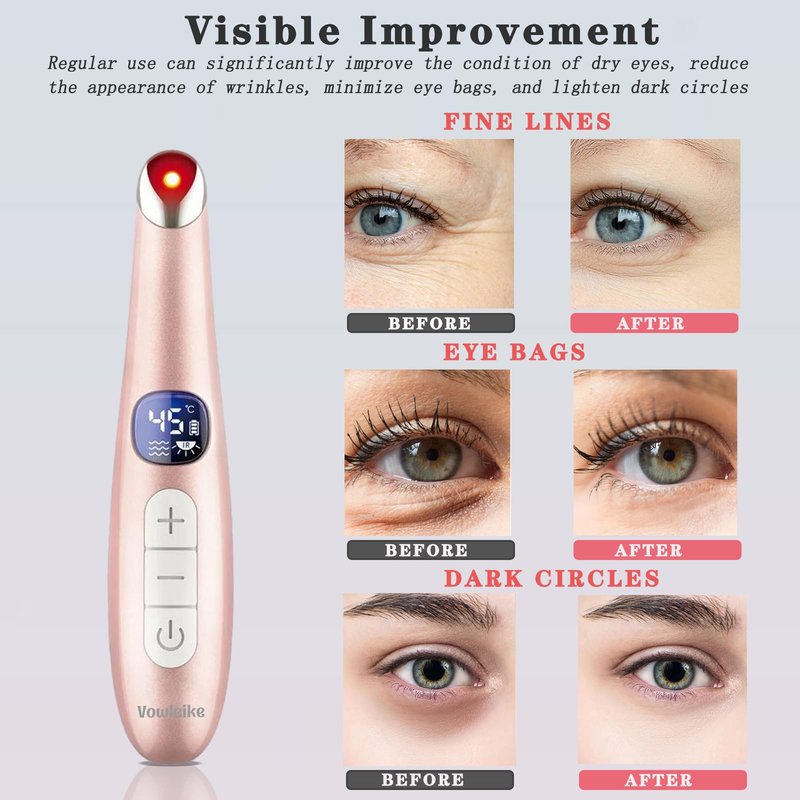 Vowleike Eye Lift Wand, 3 in 1 Vibrating 98°F to 113°F LCD Eye Massager for Dry Eyes, Dark Circles and Puffiness, Face & Neck Lifting Tool for Fine Lines and Wrinkles, Rose Gold