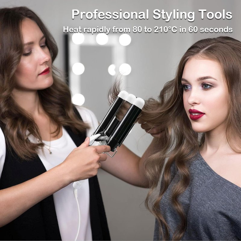 3 Barrel Curling Iron Hair Crimper: Birthday Gifts for Women - Aleath Dual Voltage Adjustable Temperature Three Barrels Hair Waver - 1.25 Inch Ceramic Curler Wand with LCD Display (Black)