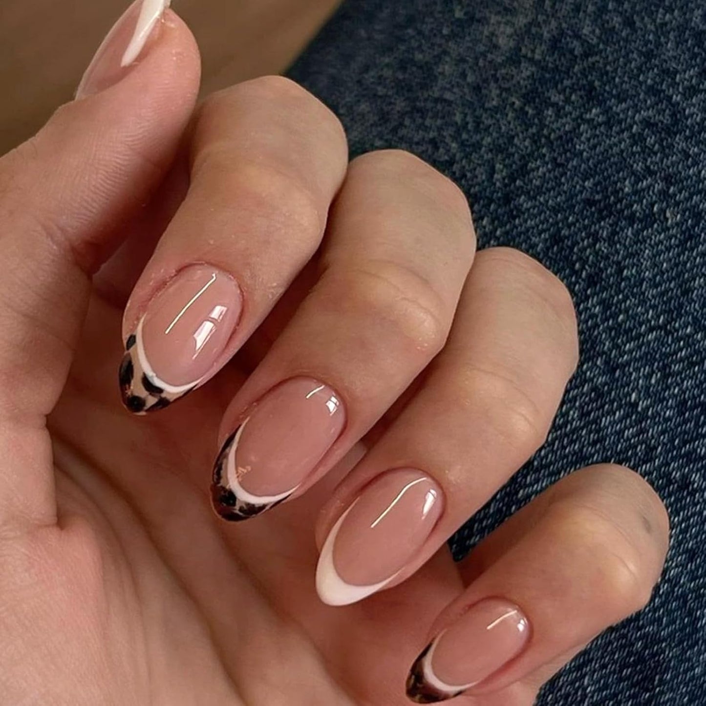 French Tip Almond Press-On Nails with Gold Bow | Reusable Glossy Acrylic False Nails for Women